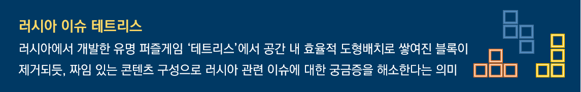 러시아 이슈 테트리스
러시아에서 개발한 유명 퍼즐게임 '테트리스'에서 공간 내 효율적 도형배치로 쌓여진 블록이 제거되듯, 짜임 있는 콘텐츠 구성으로 러시아 관련 이슈에 대한 궁금증을 해소한다는 의미